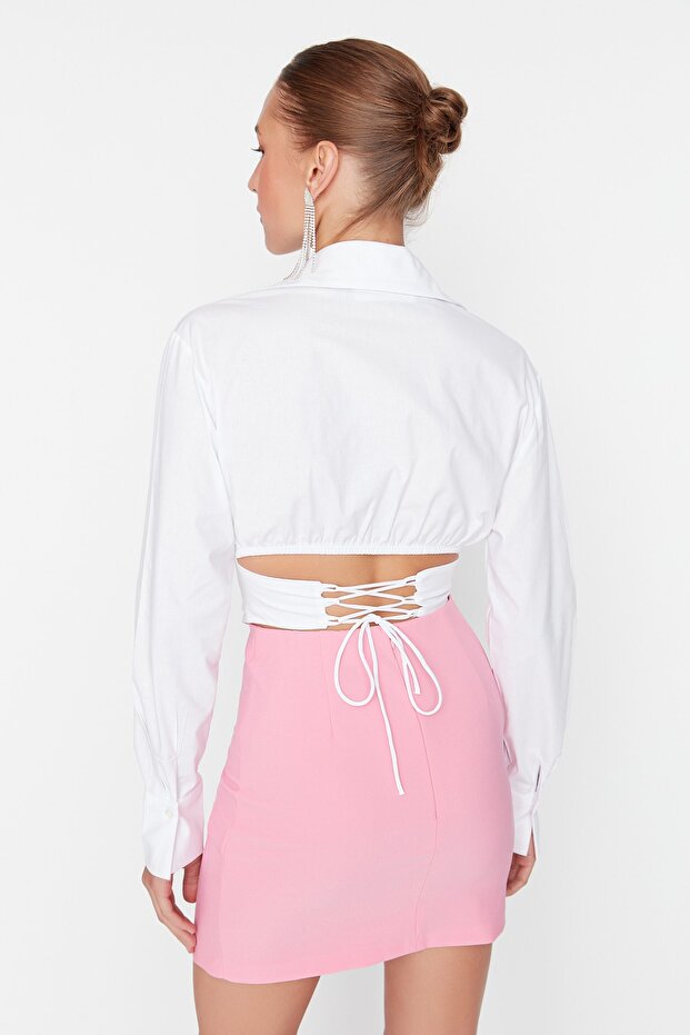 Ecru Crop-Top Woven Poplin Shirt with Lined Corset Detail