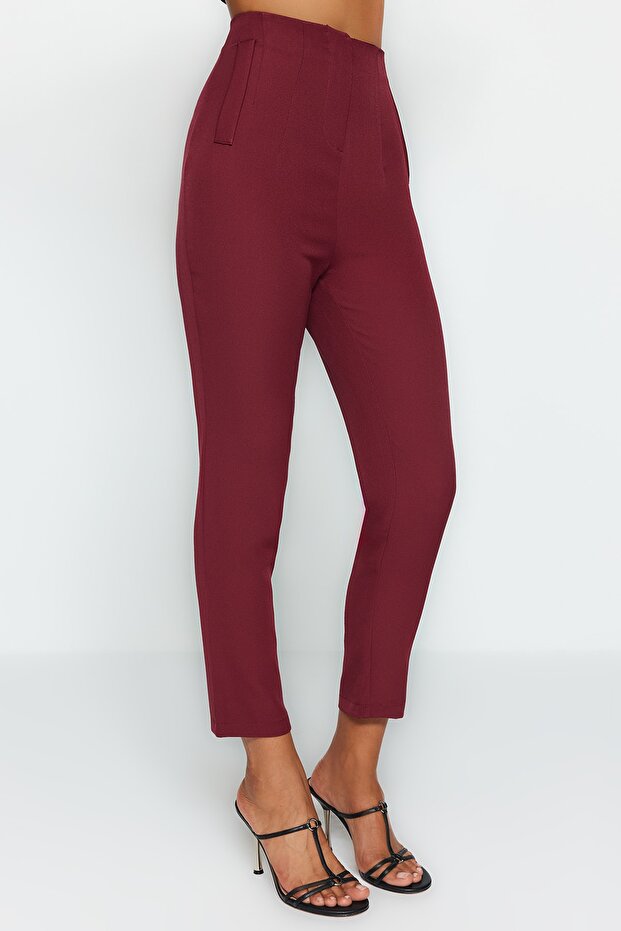 Dark Burgundy Cigarette Fit Pleated High Waist Ankle Length Woven Fabric Trousers