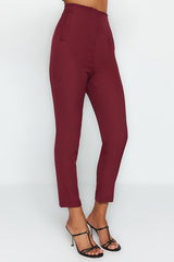 Dark Burgundy Cigarette Fit Pleated High Waist Ankle Length Woven Fabric Trousers
