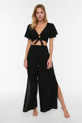 Black Woven Slit High Waist Beachwear Trousers