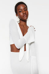 White Woven Ruffle Beach Blouse and Skirt Set