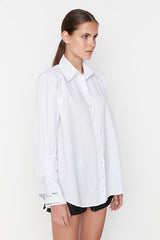 White Woven Poplin Shirt with Gathered Details