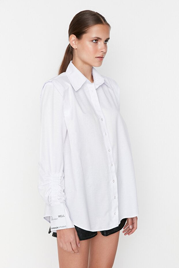 White Woven Poplin Shirt with Gathered Details
