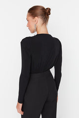 Black Draped Snap-Fastening Knitted Bodysuit