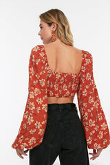 Floral Patterned Woven Beach Crop Blouse