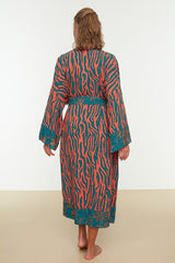 Zebra Print Woven Maxi Beach Belted Kimono & Kaftan