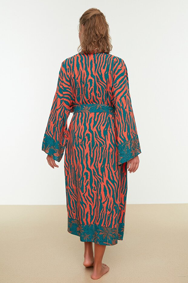 Zebra Print Woven Maxi Beach Belted Kimono & Kaftan