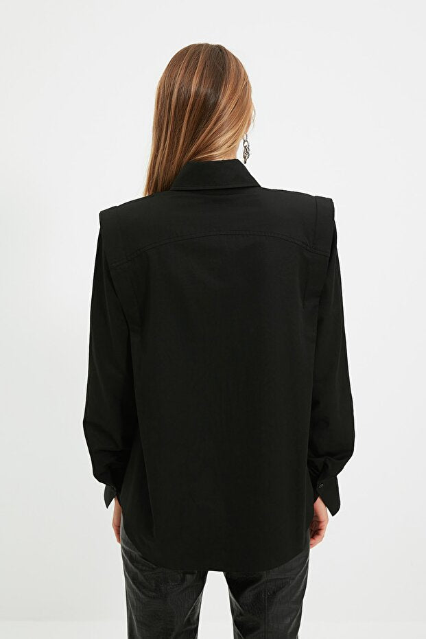 Black Woven Poplin Shirt with Gathered Details