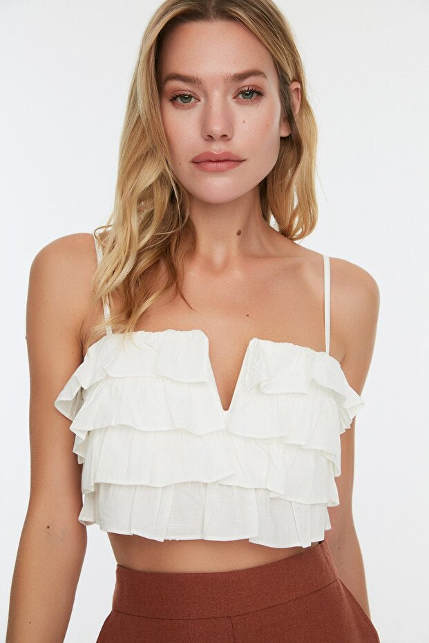 White Woven Ruffle Beach Crop Blouse