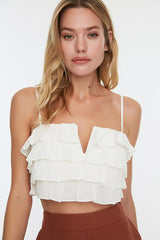 White Woven Ruffle Beach Crop Blouse