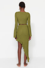 Green Woven Ruffle Beach Blouse and Skirt Set