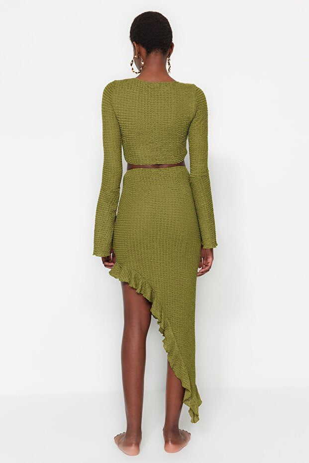 Green Woven Ruffle Beach Blouse and Skirt Set
