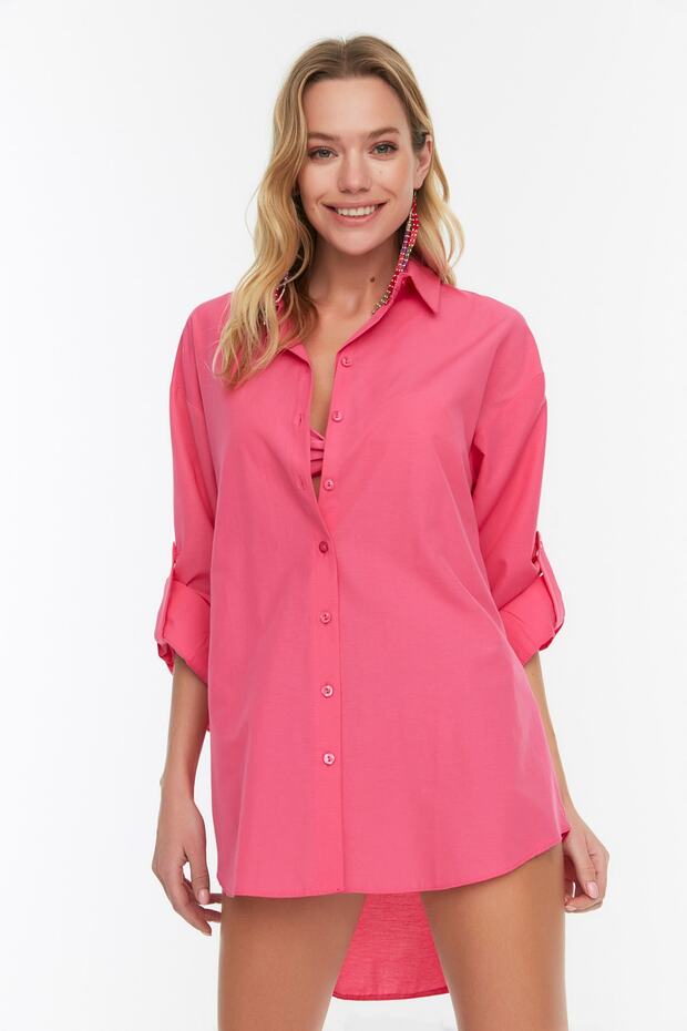 Pink Woven Maxi Beachwear Shirt