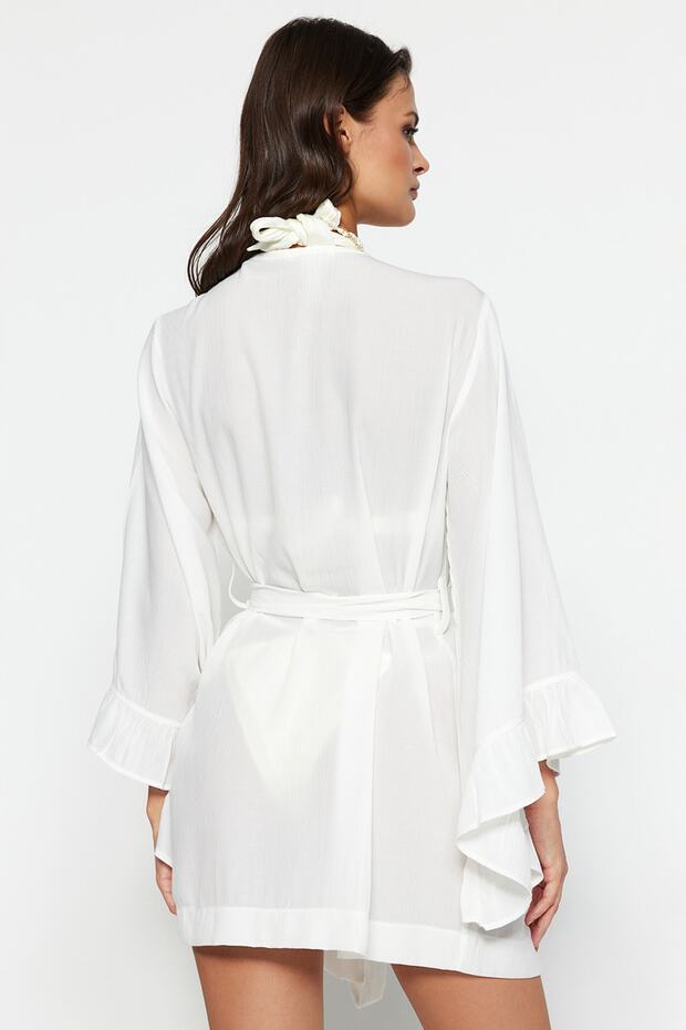 Ecru Woven Beach Mini Belted Kimono & Kaftan