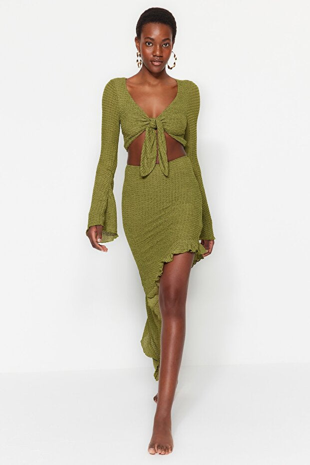Green Woven Ruffle Beach Blouse and Skirt Set