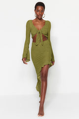 Green Woven Ruffle Beach Blouse and Skirt Set