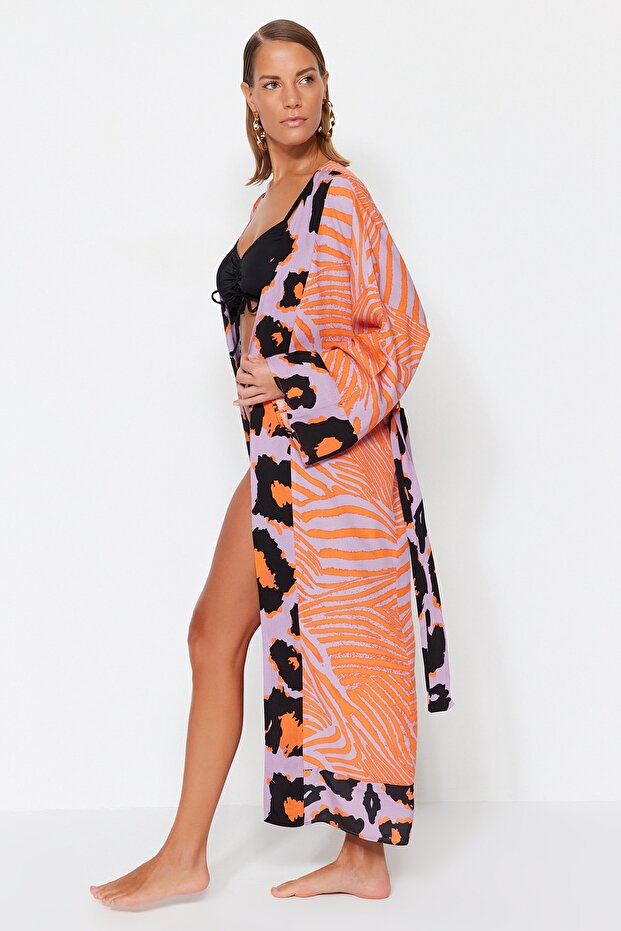 Leopard Print Woven Maxi Beach Belted Kimono & Kaftan