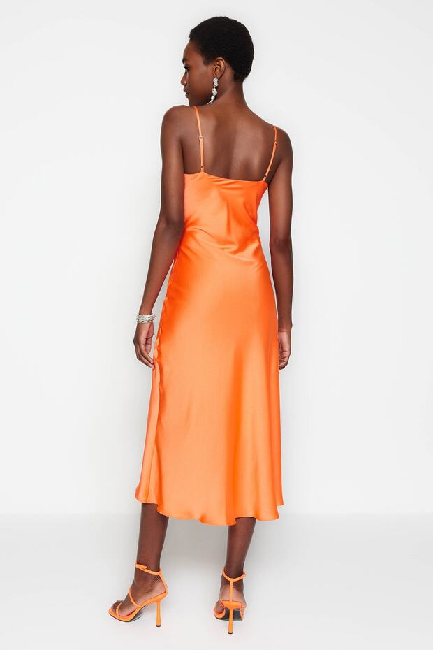 Orange Lined Woven Satin Evening Dress