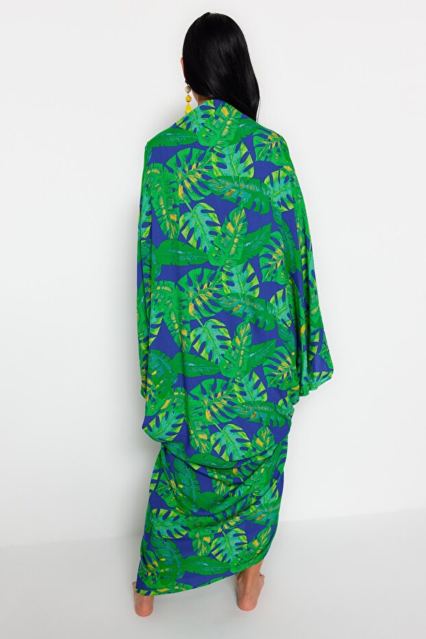 Tropical Patterned Wide Fit Maxi Woven Shirred Beach Dress