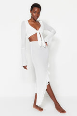 White Woven Ruffle Beach Blouse and Skirt Set