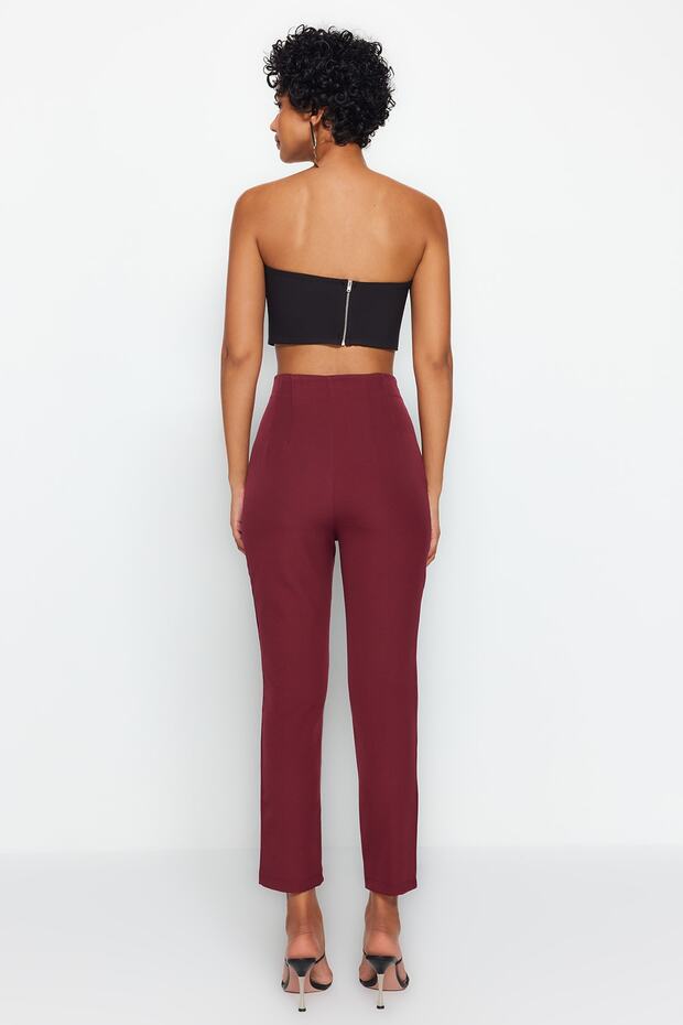 Dark Burgundy Cigarette Fit Pleated High Waist Ankle Length Woven Fabric Trousers