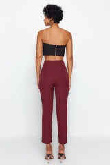 Dark Burgundy Cigarette Fit Pleated High Waist Ankle Length Woven Fabric Trousers