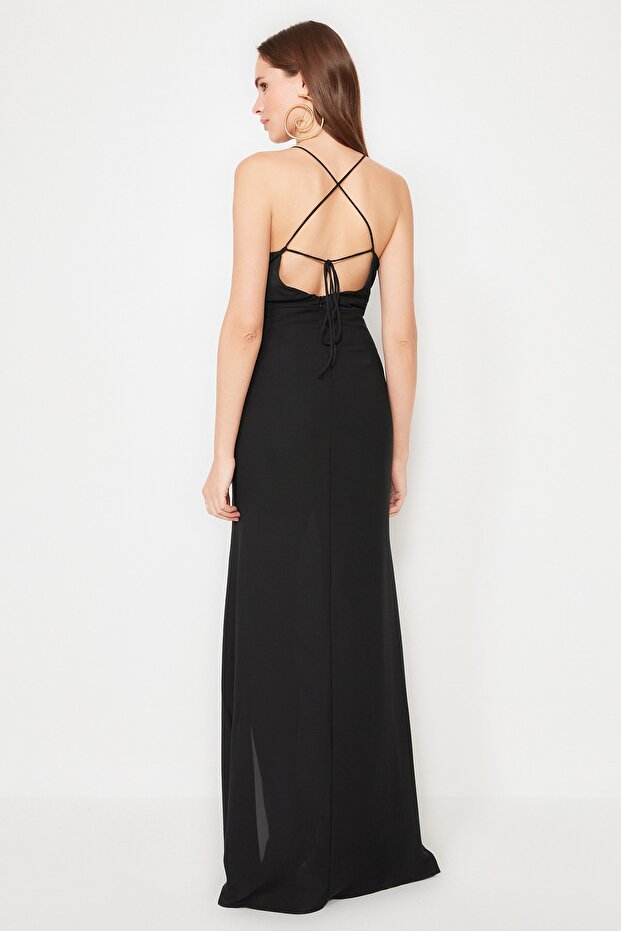 Black Lined Piping Detail Woven Chiffon Long Evening Dress