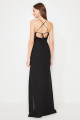 Black Lined Piping Detail Woven Chiffon Long Evening Dress
