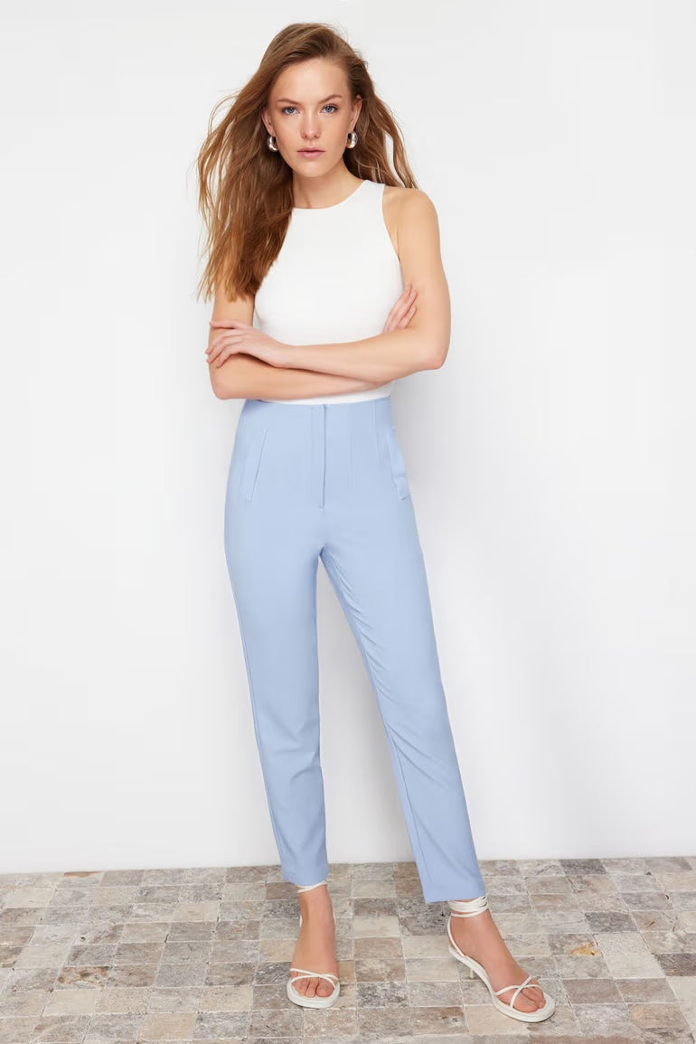 Light Blue Cigarette Dart High Waist Ankle-Length Woven Trousers