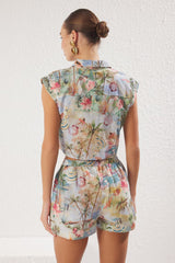 Beach Wear Tropical Patterned Flamed Cotton Shirt Shorts Set