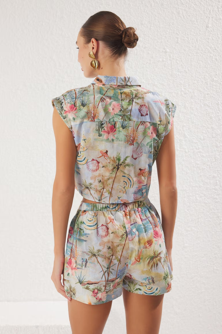 Beach Wear Tropical Patterned Flamed Cotton Shirt Shorts Set