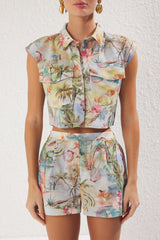 Beach Wear Tropical Patterned Flamed Cotton Shirt Shorts Set