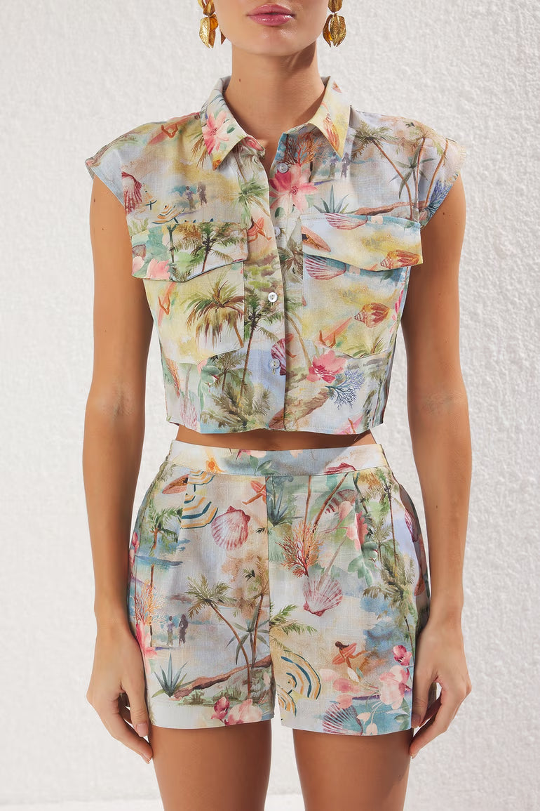 Beach Wear Tropical Patterned Flamed Cotton Shirt Shorts Set