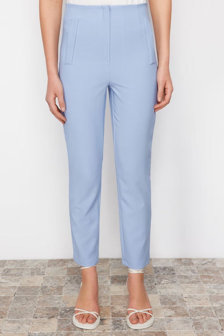Light Blue Cigarette Dart High Waist Ankle-Length Woven Trousers