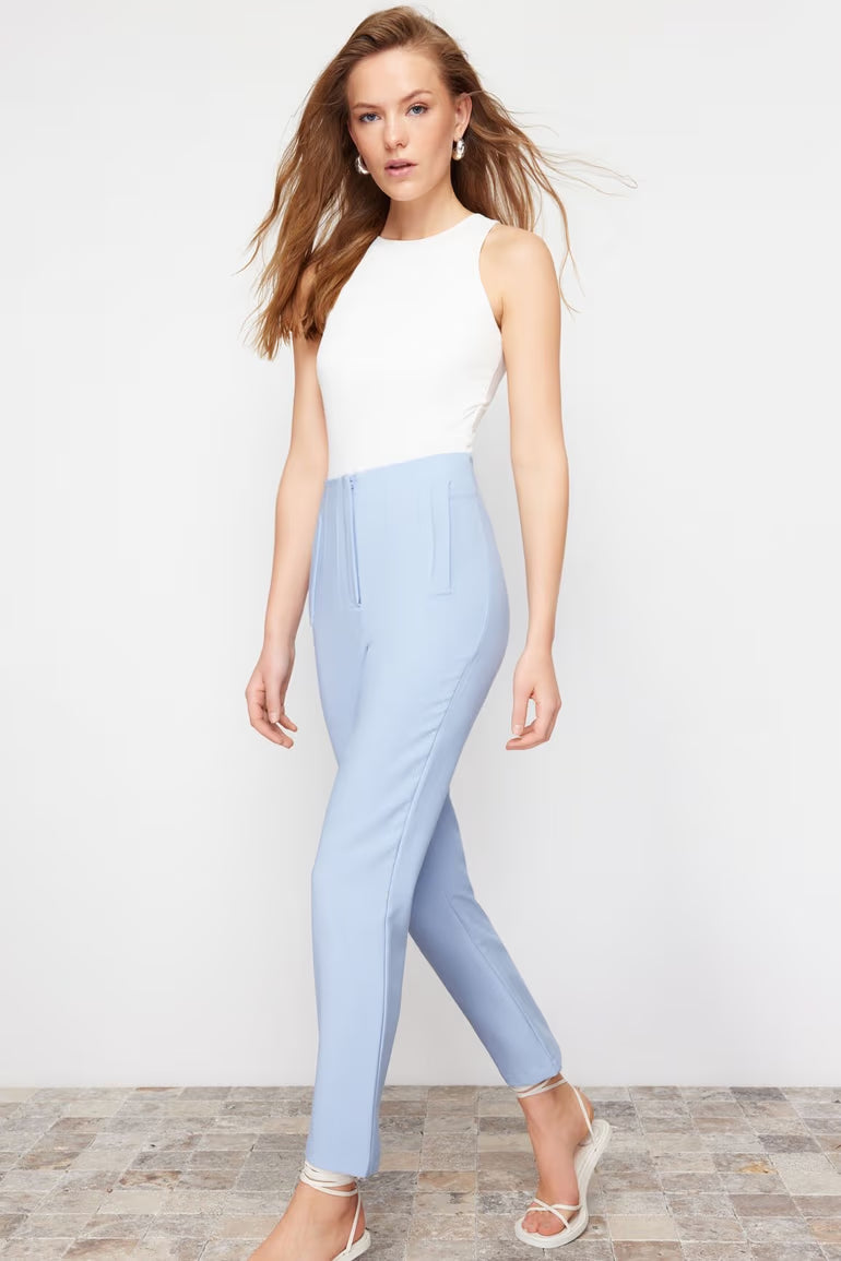 Light Blue Cigarette Dart High Waist Ankle-Length Woven Trousers